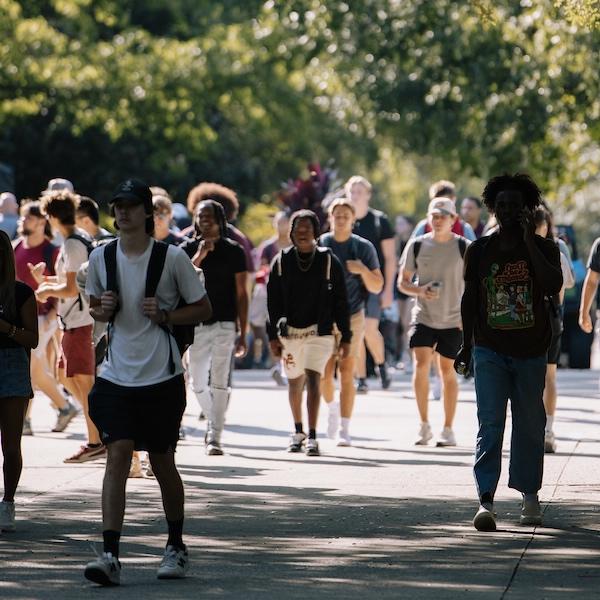 students walking over gray bridge on sunny day